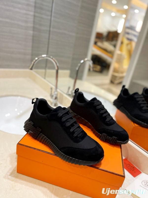 2024 Unisex Hermès Black Imported Glossy Goat Suede Rainproof Fabric Casual Sneakers MJ00320