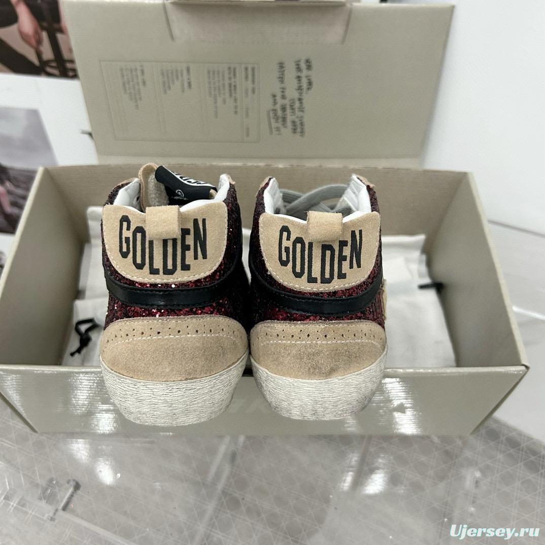 2024 Unisex GGDB Burgundy Beige Glitter Leather High Top Sneakers MJ00300