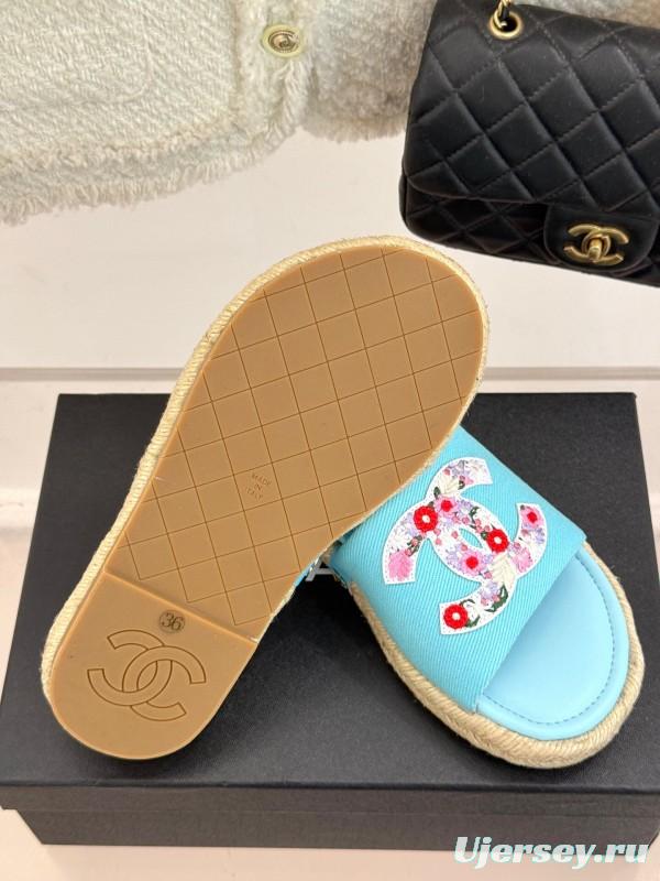 2025 Slippers Chanel Light Blue Fabric Women Embroidered Floral CC Logo KFY00230