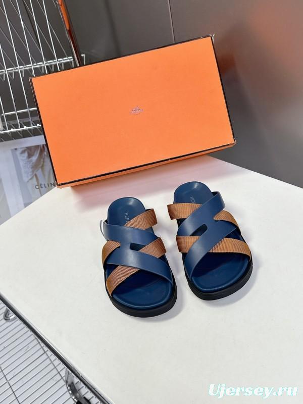 2025 Slippers Hermès Blue Brown Leather Slippers