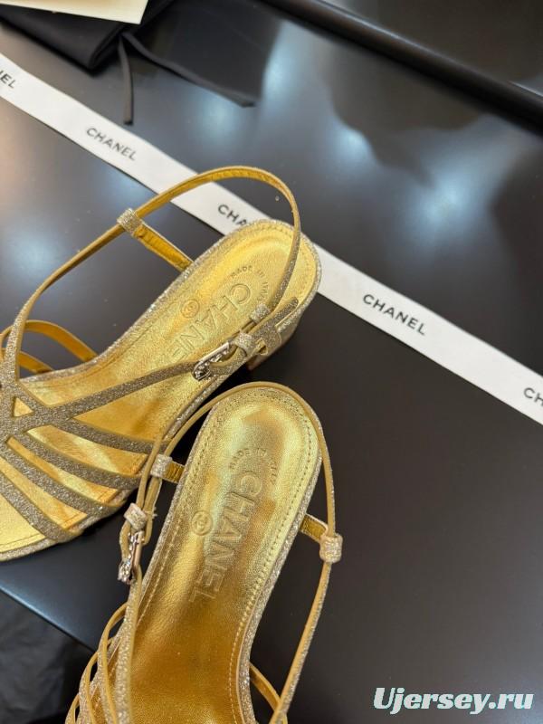 2025 Women Chanel Gold Fabric Sandals KFY00289