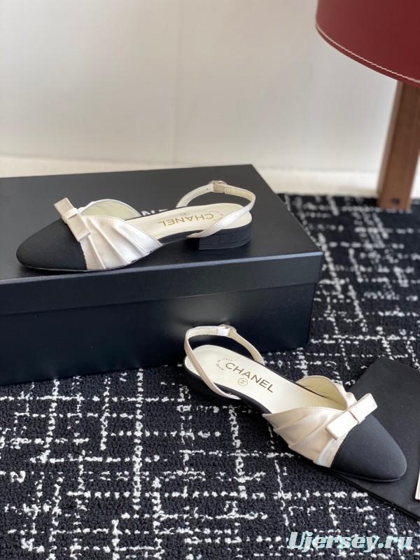 2025 Women Chanel Black Beige Silk Leather Sandals Bow KFY00289