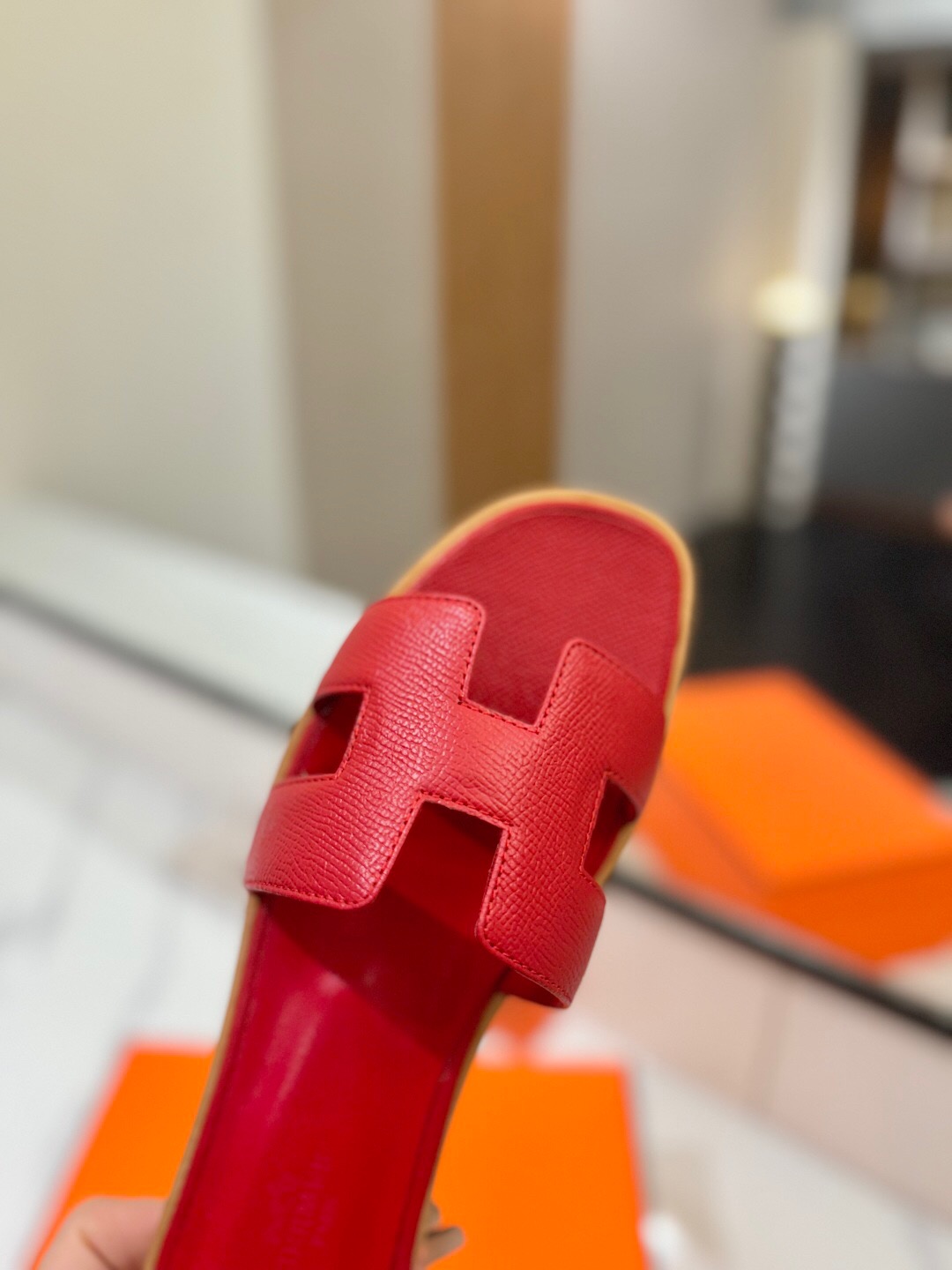 2025 Women Hermès Red Leather Slippers