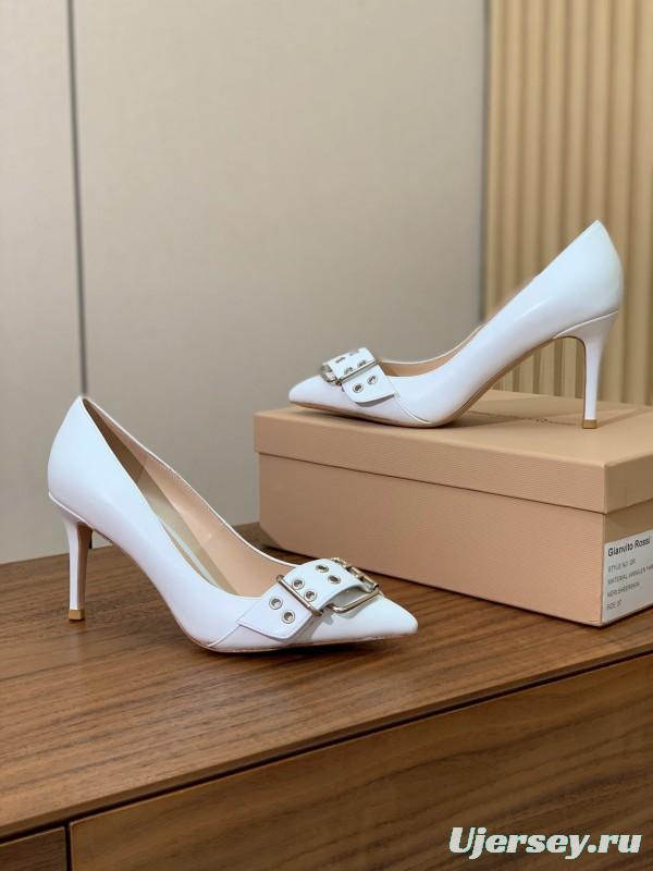 2025 Women Gianvito Rossi White Leather Buckle Pumps KFY00300