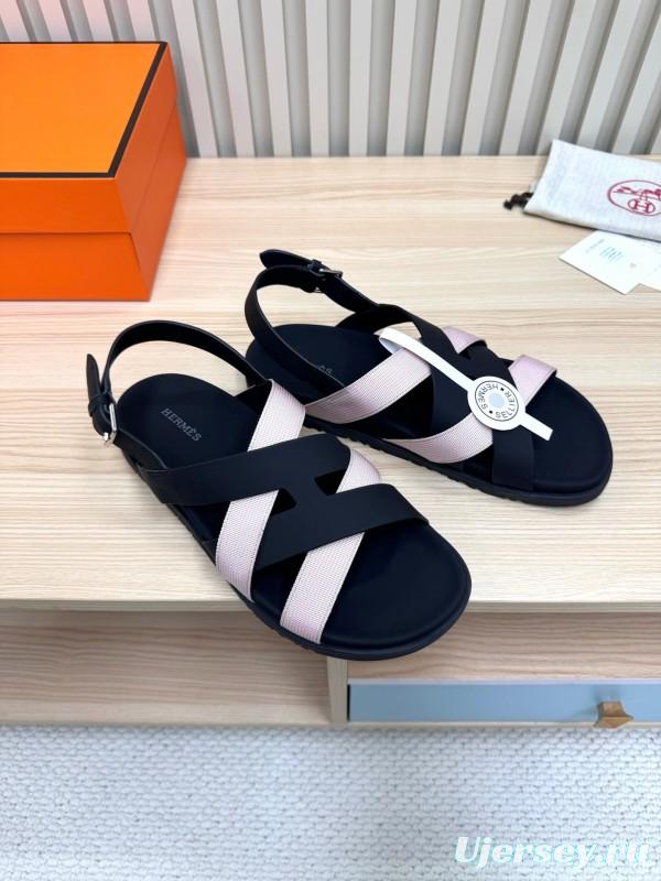 2025 Women Hermès Black Pink Leather Sandals LY00270