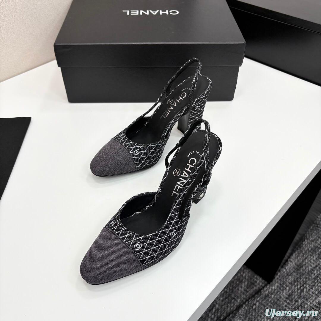 2025 Women Chanel Black Grey Fabric Slingback Heels LY00270