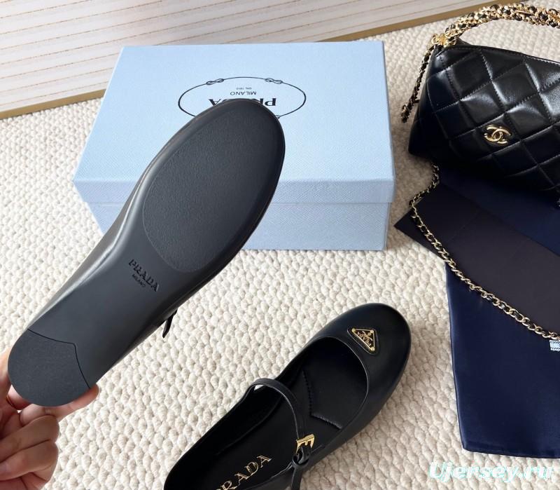 2025 Women Prada Black Leather Mary Jane Flat