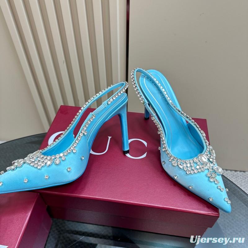 2025 Women Gucci Blue Silk Crystal Embellished Slingback High Heel KFY00340