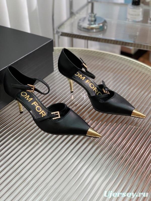 2025 Women TOM FORD Black Gold Leather Heels Metal Toe KFY00320