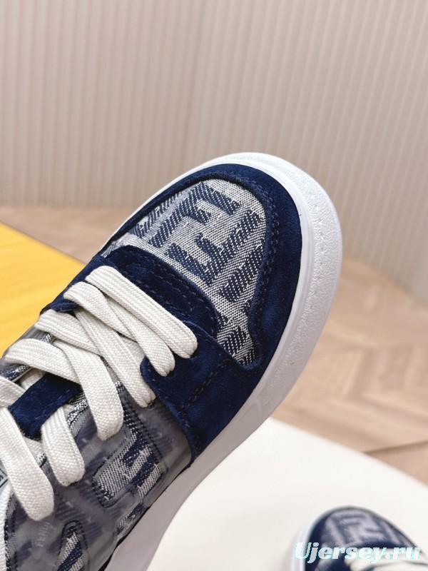 2025 Women Fendi Navy Grey Leather Canvas Sneakers LY00340