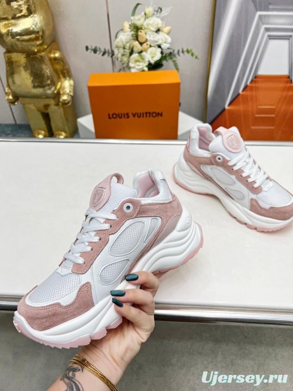 2025 Women Louis Vuitton White Pink Suede Mesh Sneakers LY00340