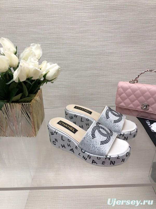 2025 Slippers Chanel White Rhinestone Platform Slide LY00330