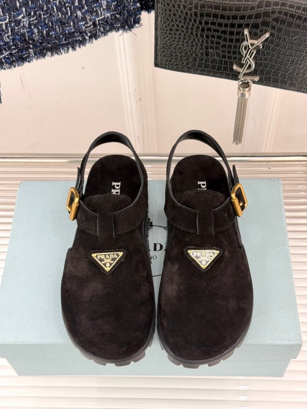 2025 Women Prada Black Suede Sandals