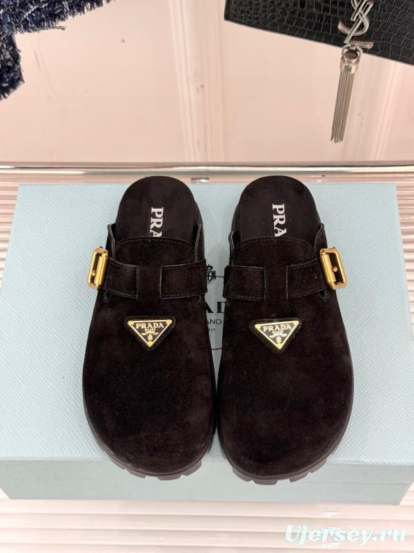 2025 Women Prada Black Suede Slippers