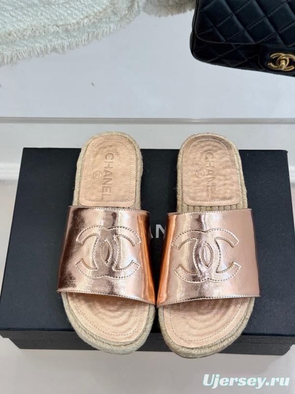 2025 Slippers Chanel Rose Gold Leather Women Espadrille Handmade KFY00230