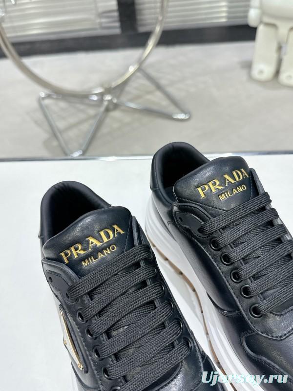 2025 Unisex Prada Black Calf Leather Sneakers KFY00310