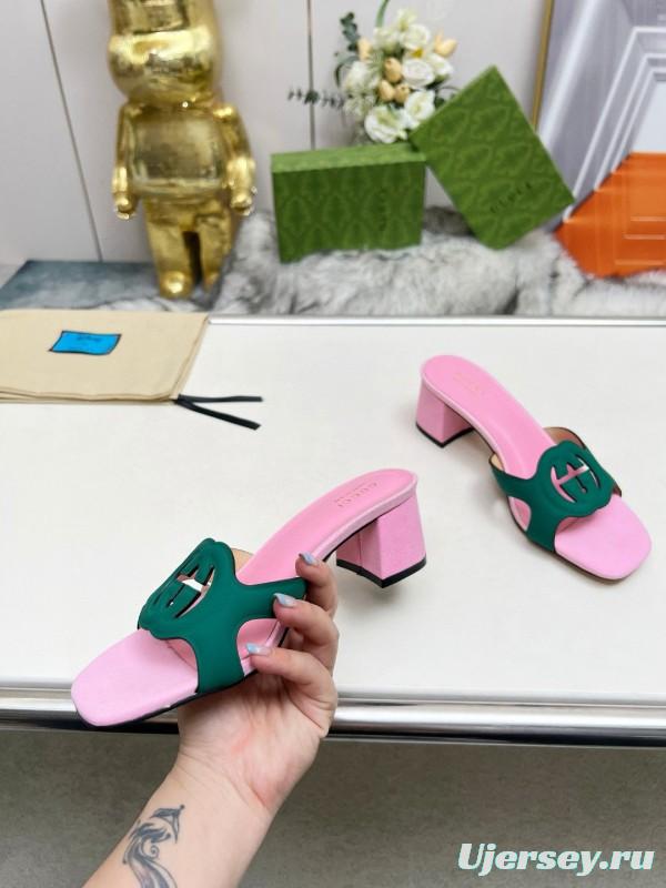 2025 Women Gucci Pink Green Leather Slippers