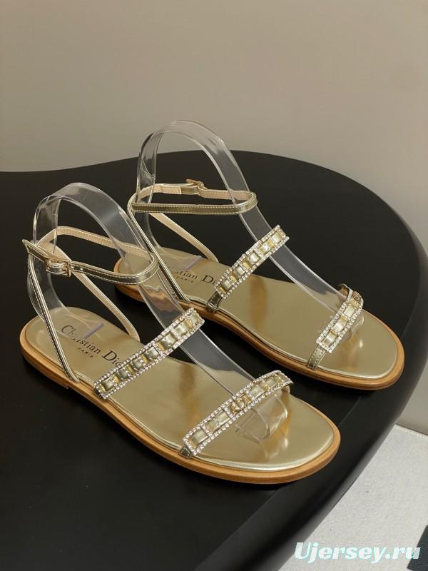 2025 Women Dior Gold Leather Sandals Crystal Embellishment