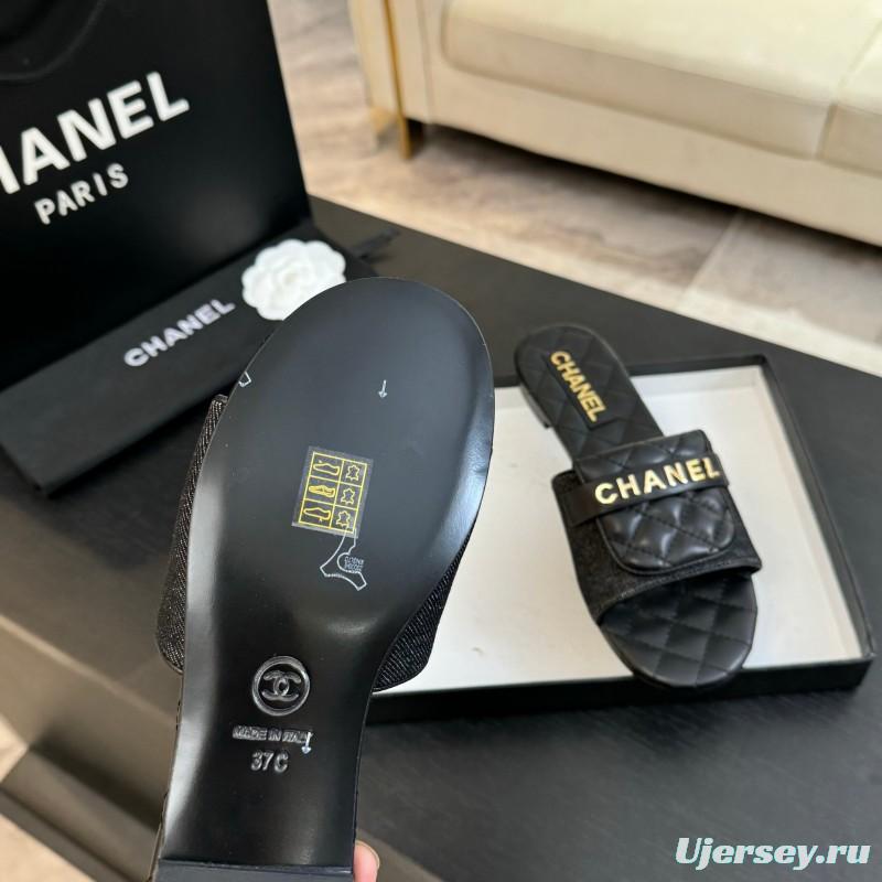 2025 Women Chanel Black Leather Slippers