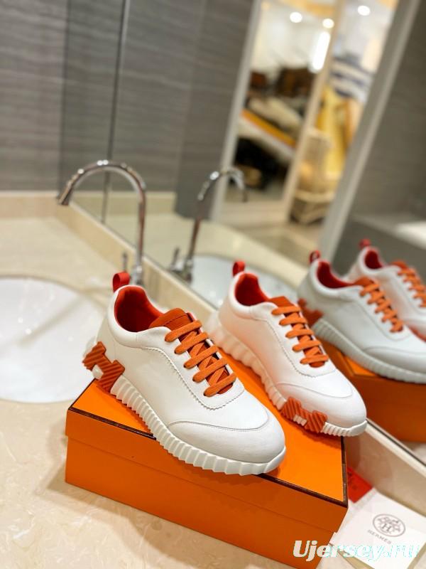 2024 Women Hermès White Orange Leather Sneakers