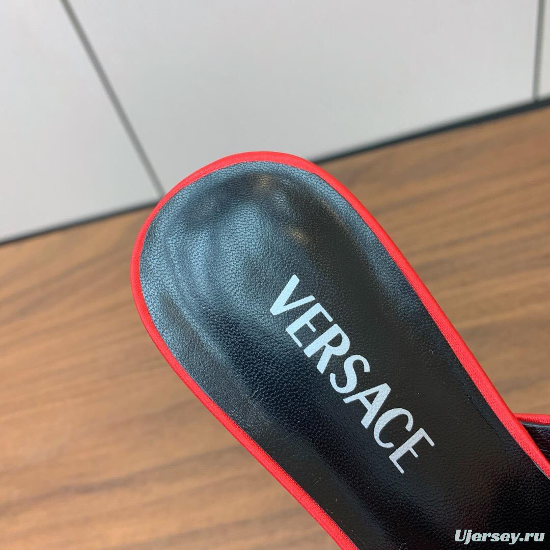 2025 Women VERSACE Red Leather Suede Slip-on Sandals