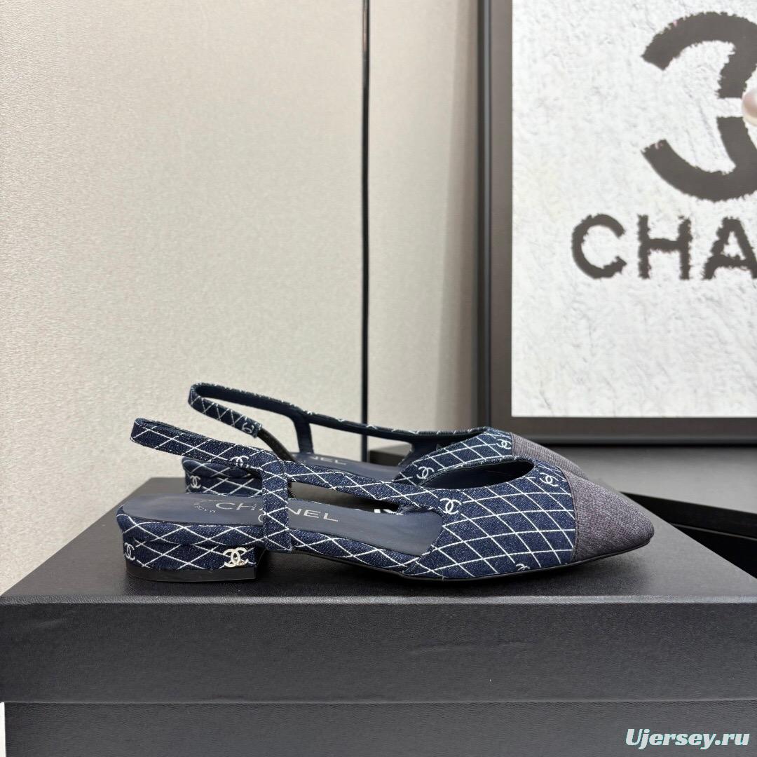 2025 Women Chanel Navy Blue Grey Fabric Leather Slingback LY00000
