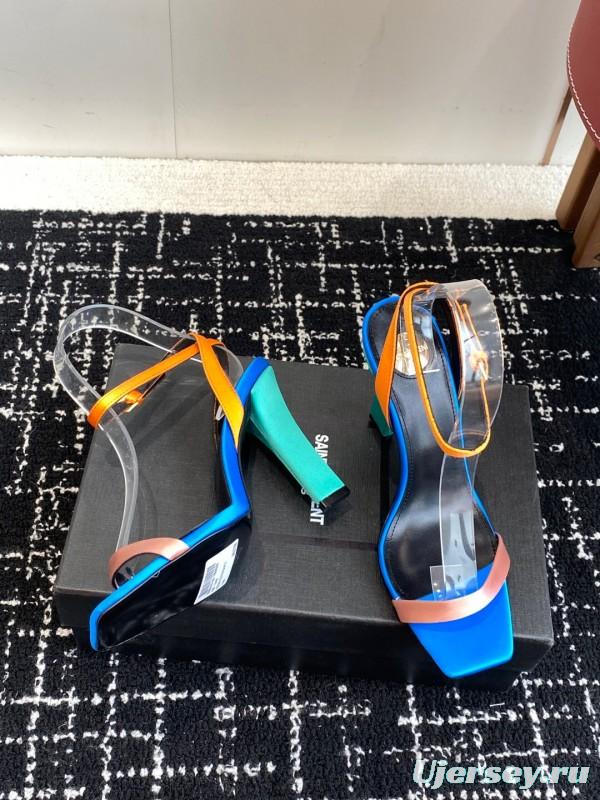 2025 Women Yves Saint Laurent Blue Orange Pink Leather Suede High Heel Sandals