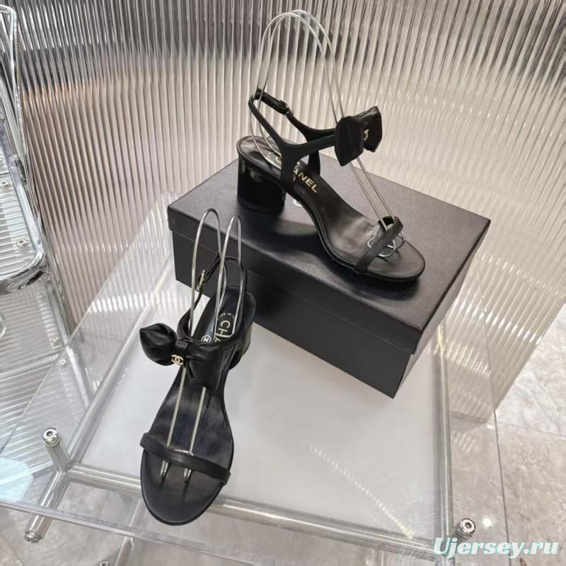 2025 Women Chanel Black Lambskin Bowknot Sandals LY00260