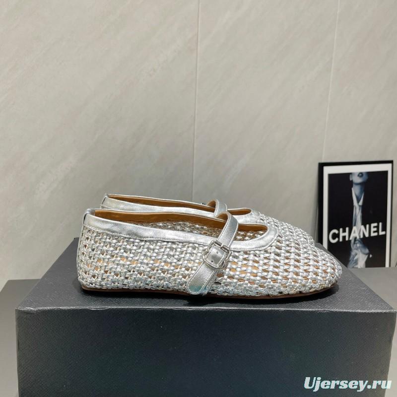 2025 Women Alaïa Silver Leather Woven Mary Jane Flats LY00360(F)