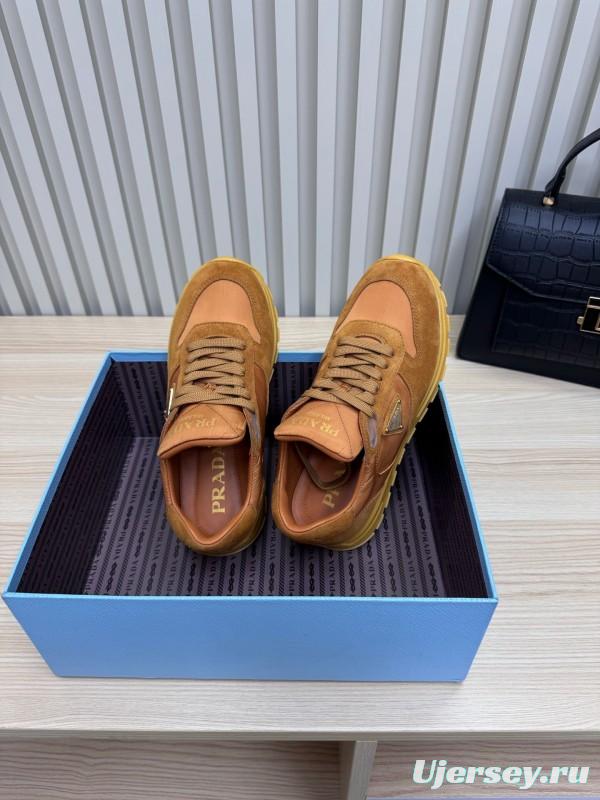2025 Women Prada Brown Suede Nylon Sneakers LY00300