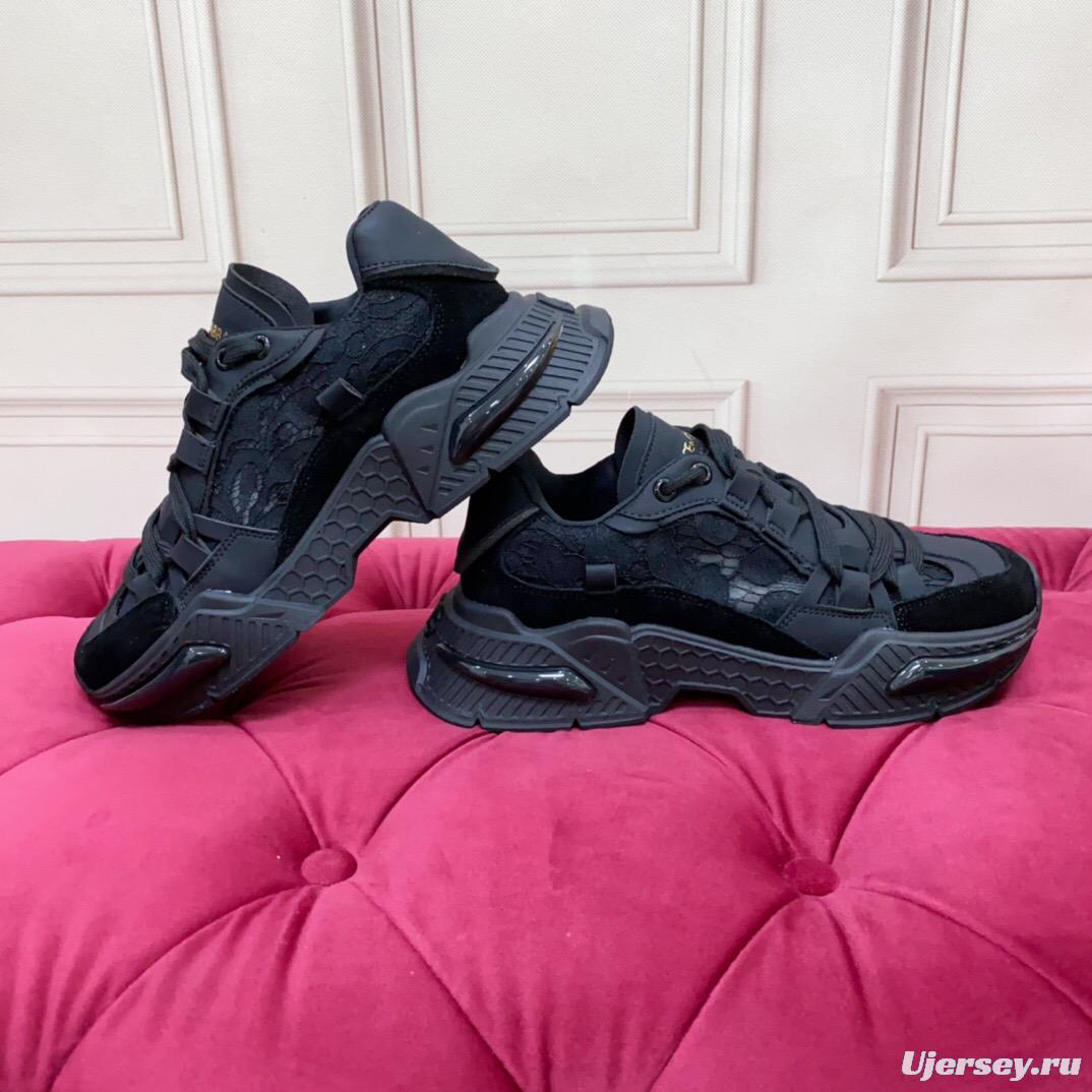 2025 Unisex Dolce & Gabbana Black Mesh Leather Sneakers LY00340