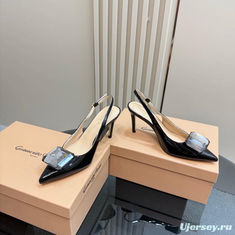 2025 Women Gianvito Rossi Black Patent Leather Slingback Heels KFY00300