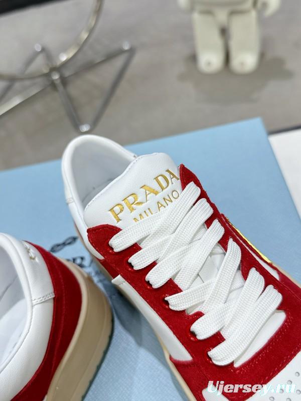 2025 Women Prada Red White Leather Sneakers KFY00310