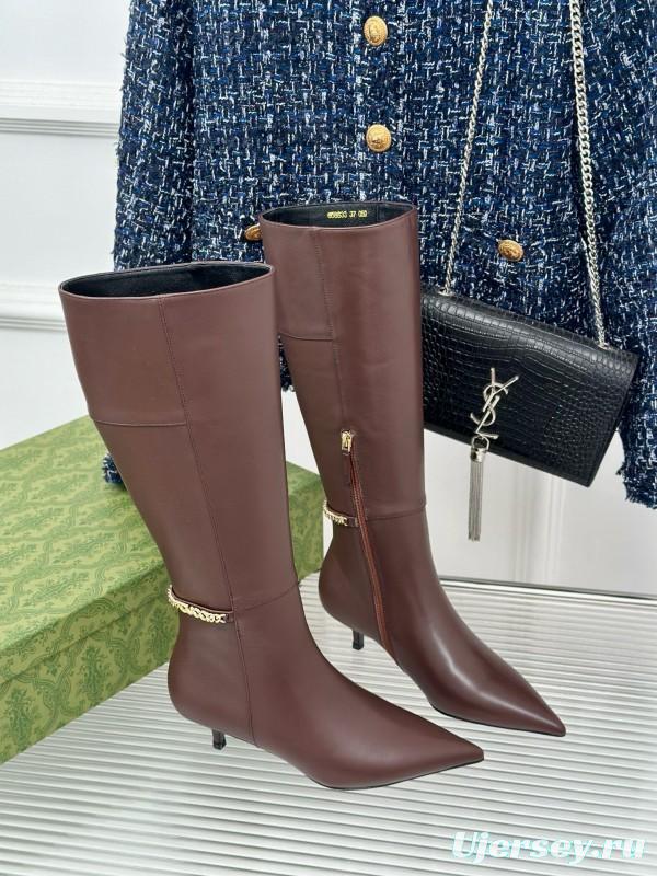 2024 Women Gucci brown calf leather boots chain MJ00550