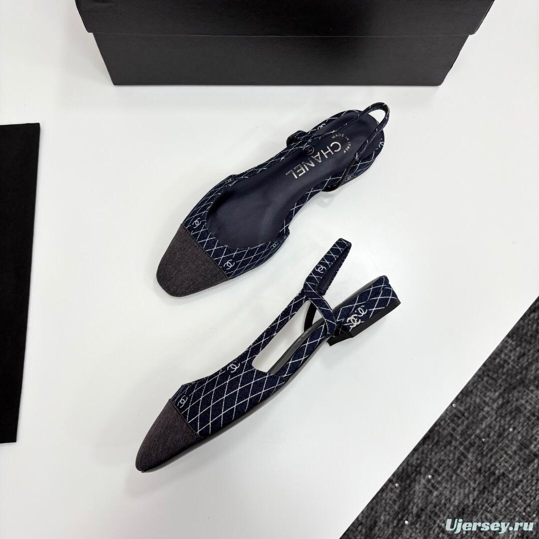 2025 Women Chanel Navy Blue Grey Fabric Leather Slingback LY00000