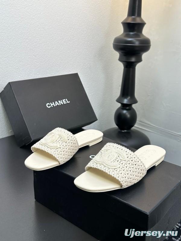 2025 CHANEL White Knit Leather Slippers LY00250