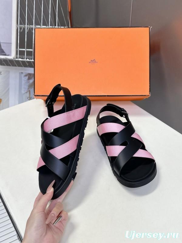 2025 Women Hermès Pink Black Leather Sandals