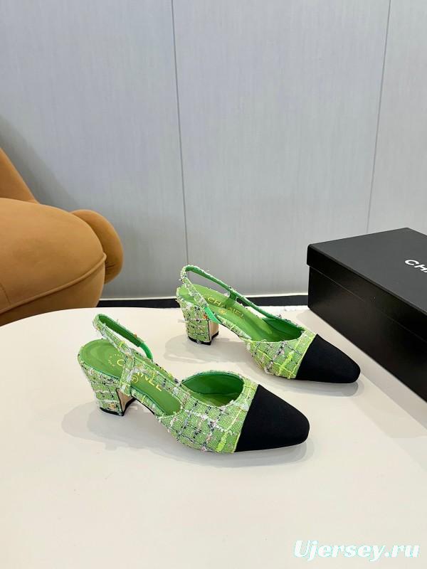 2025 Women Chanel Green Black Fabric Leather Slingback Shoes