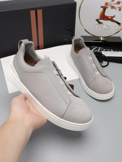 2024 Men Ermenegildo Zegna Light Grey Leather Suede Low Top Sneakers MJ00240