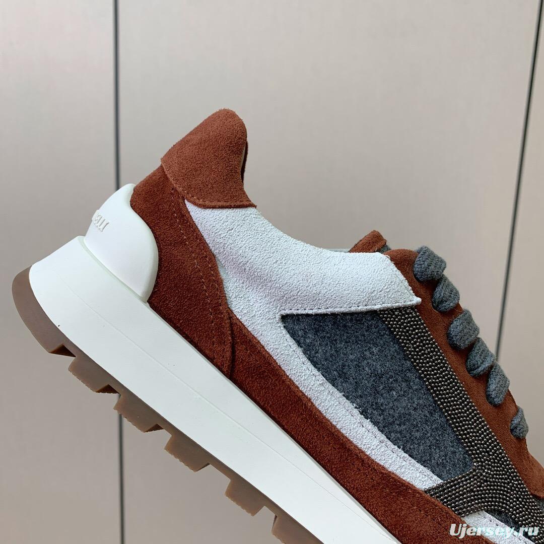 2025 Unisex Brunello Cucinelli Grey Brown White Suede Fabric Sneakers LY