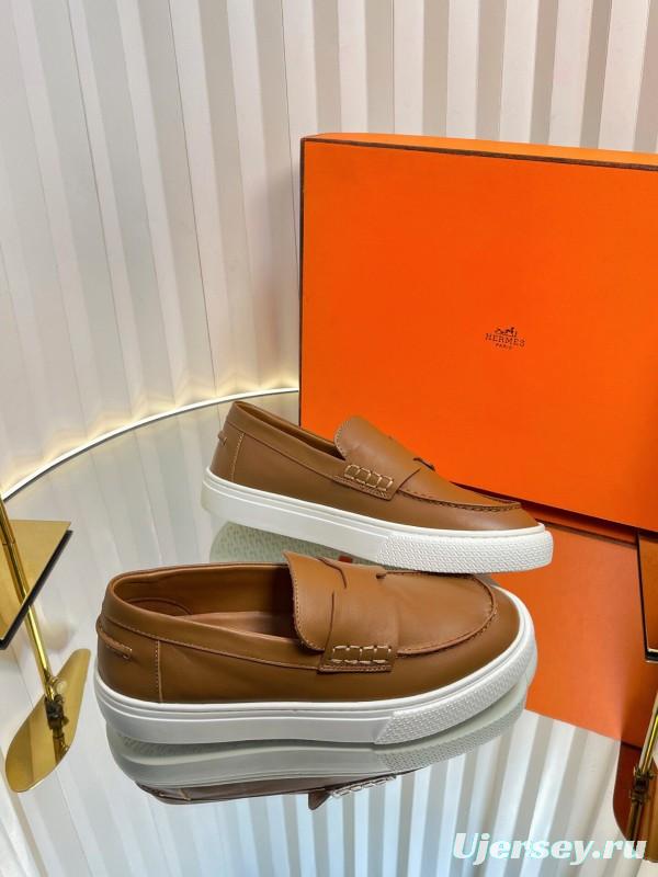 2025 Unisex Hermès Brown Leather Fabric Loafers Slip-On LY00310(F)/LY00320(M)