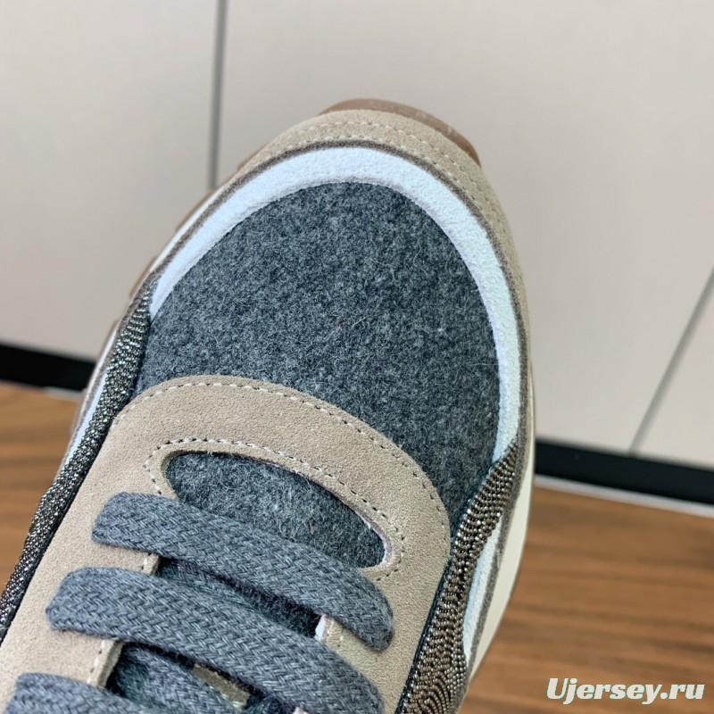 2025 Unisex Brunello Cucinelli Beige Gray White Leather Wool Casual Sneakers LY