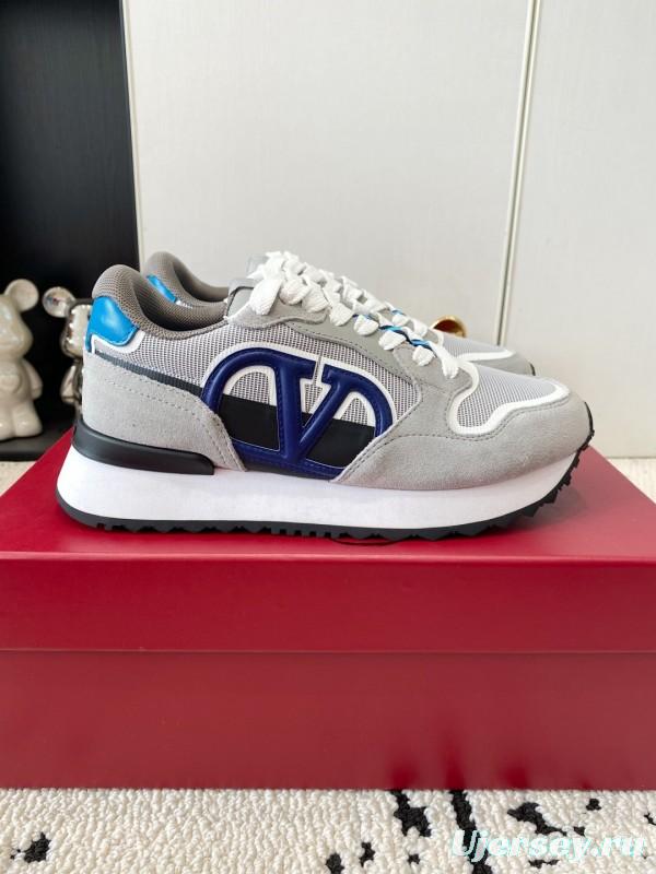 2025 Unisex Valentino Grey Blue White Leather Silk Glossy Running Sneakers LY00340