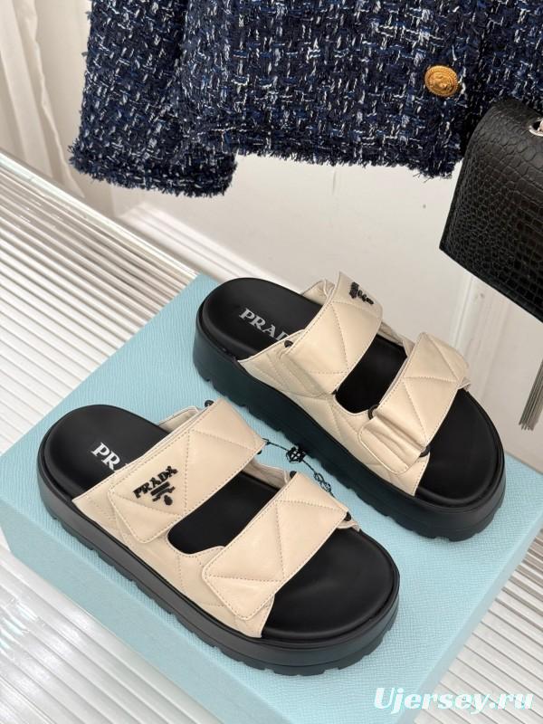 2025 Slippers Prada Beige Leather Magic Tape Platform Thick Sole