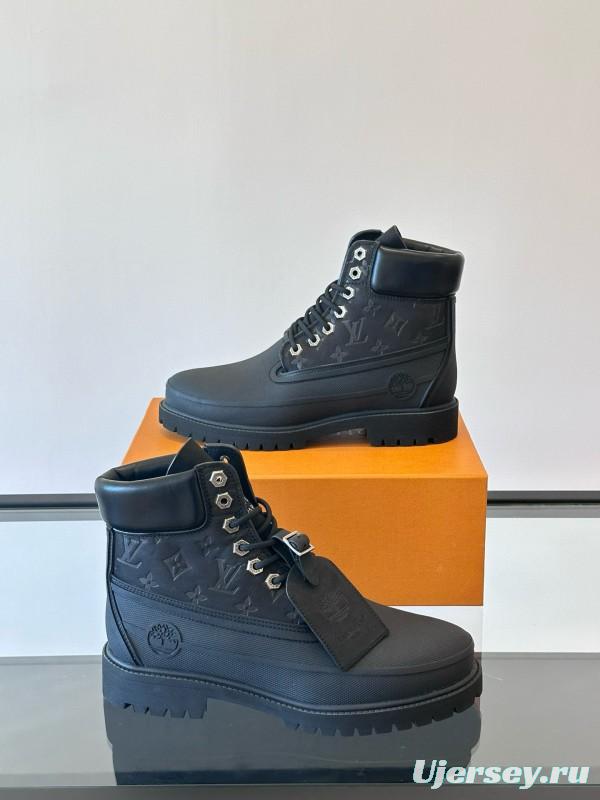 2024 Men Louis Vuitton Black Leather Monogram Work Boots MJ00390