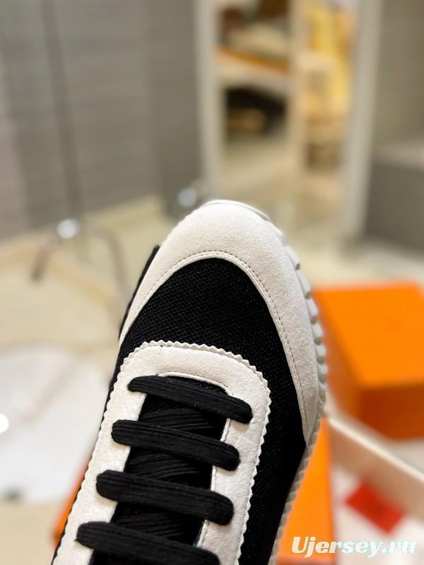 2024 Unisex Hermès Black White Knitted Leather Sneakers