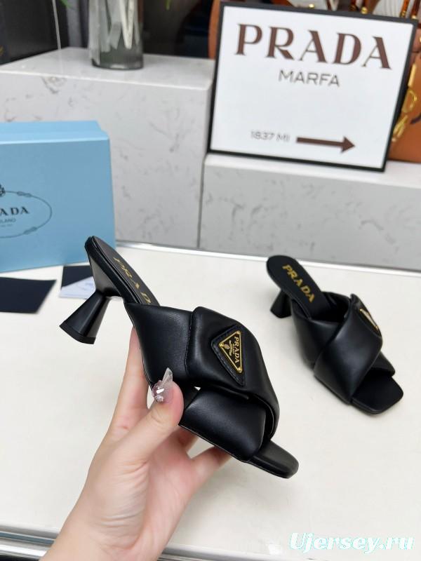 2025 Women Prada Black Soft Leather High Heel Mules KFY00270