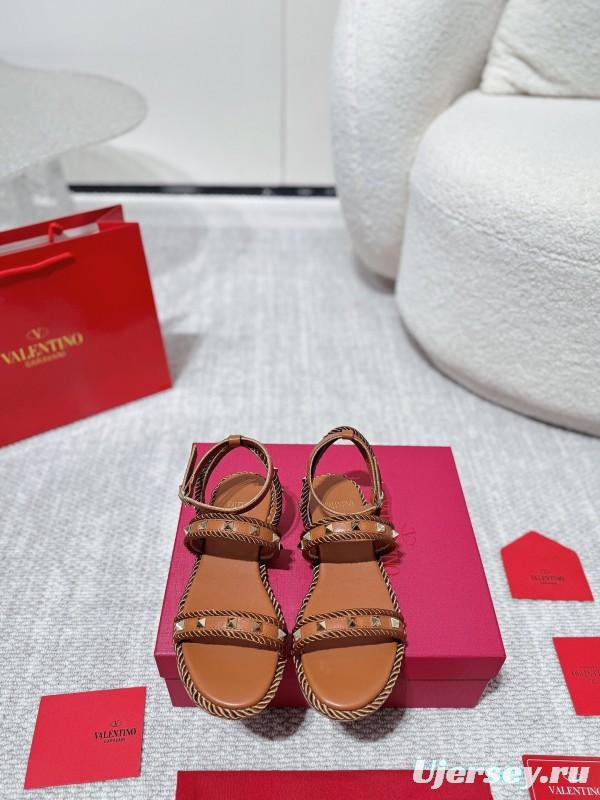 2025 Women Valentino Brown Leather Sandals Braided Craftsmanship LY00250