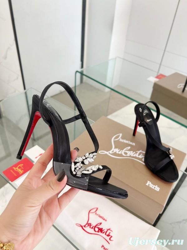 2025 Women ChristianLouboutin Black Satin High Heel Sandals Crystal Embellishment LY00300