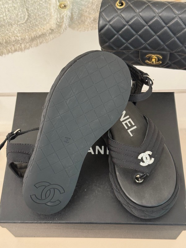 2025 Women Chanel Black Fabric Platform Sandals
